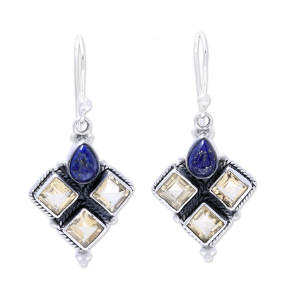 Citrine and Lapis Lazuli Dangle Earrings Handmade in India