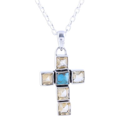 Citrine and Composite Turquoise Cross Necklace from India