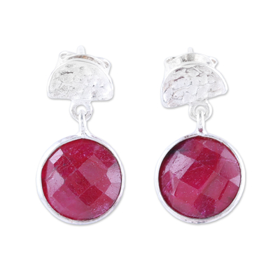 Faceted Ruby and Sterling Silver Dangle Earrings from India