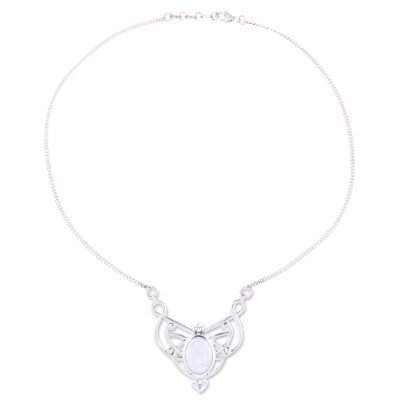 Oval Rainbow Moonstone and Sterling Silver Pendant Necklace