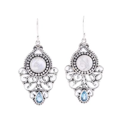 Rainbow Moonstone and Blue Topaz Dangle Earrings from India