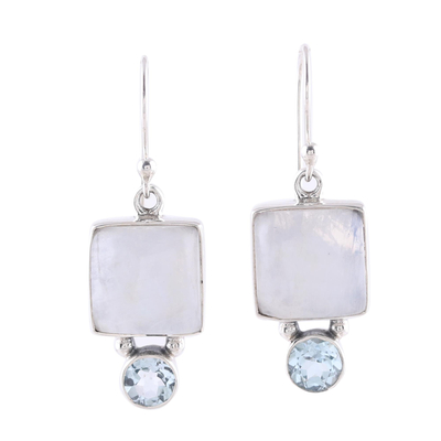 Square Rainbow Moonstone and Blue Topaz Earrings from India