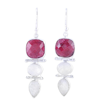 Ruby and Rainbow Moonstone Dangle Earrings from India