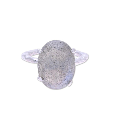 Rhodium Plated Labradorite Single-Stone Ring from India