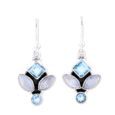 Blue Topaz and Rainbow Moonstone Dangle Earrings from India