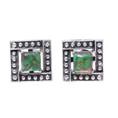 Square Green Composite Turquoise Stud Earrings from India