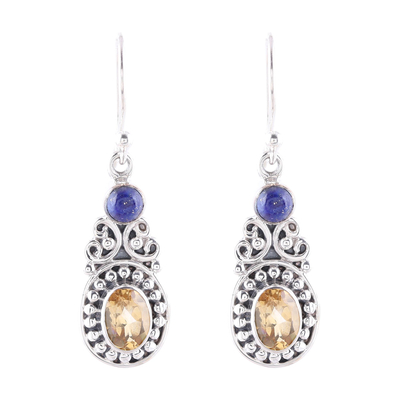 Curl Motif Citrine and Lapis Lazuli Dangle Earrings
