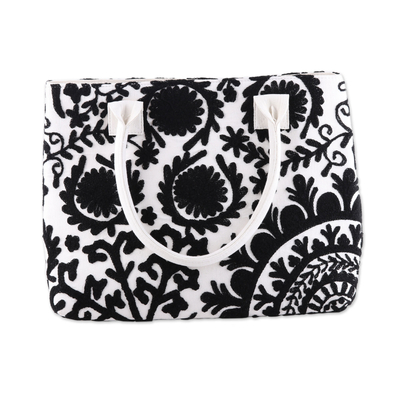 Black Floral Embroidered Cotton Handle Handbag from India