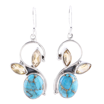 Citrine and Composite Turquoise Dangle Earrings from India