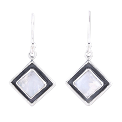 Square Rainbow Moonstone Dangle Earrings from India