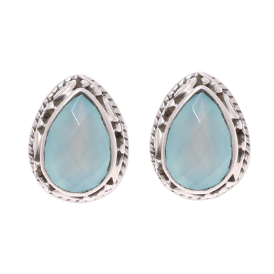 Sky Blue Chalcedony Teardrop Stud Earrings from India