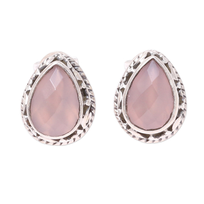 Soft Pink Chalcedony Teardrop Stud Earrings from India