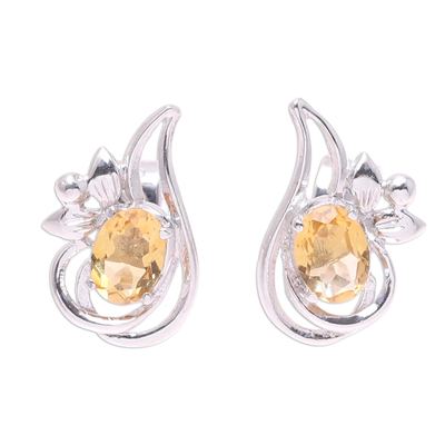 Rhodium Plated Citrine Paisley Button Earrings from India