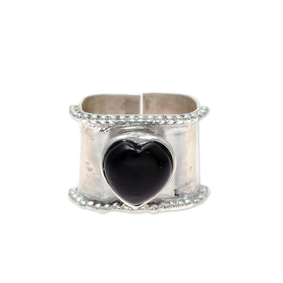 Heart-Shaped Onyx and Sterling Silver Wrap Ring from India