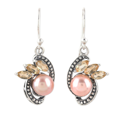 Peach Cultured Pearl and Citrine Dangle Earrings from India