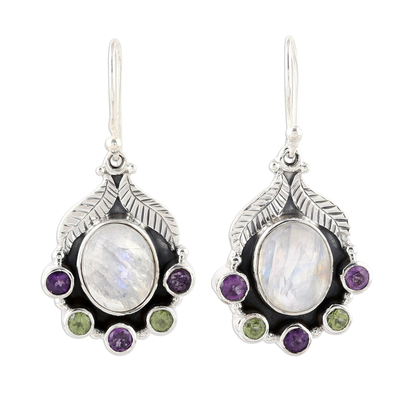 Rainbow Moonstone Peridot and Amethyst Dangle Earrings