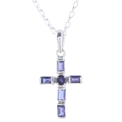 Iolite and Sterling Silver Cross Pendant Necklace from India