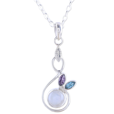 Rainbow Moonstone Blue Topaz Amethyst Pendant Necklace