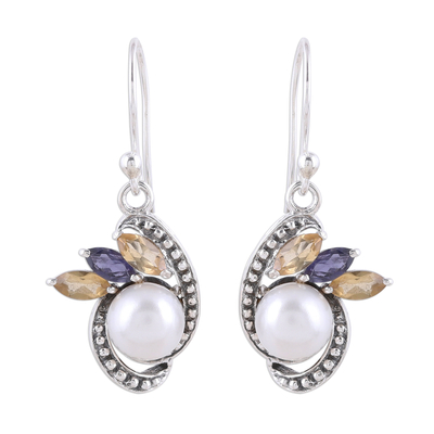 Silver Cultured Pearl Citrine and Iolite Dangle Earrings