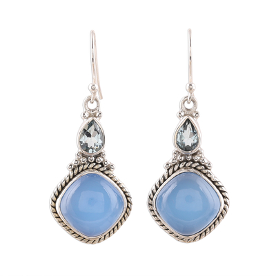 Sterling Silver Blue Topaz and Chalcedony Dangle Earrings