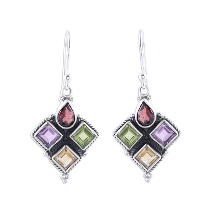 Indian Garnet Citrine Peridot and Amethyst Dangle Earrings