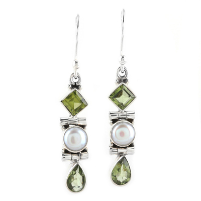 Peridot and Cultured Pearl Dangle Earrings from India