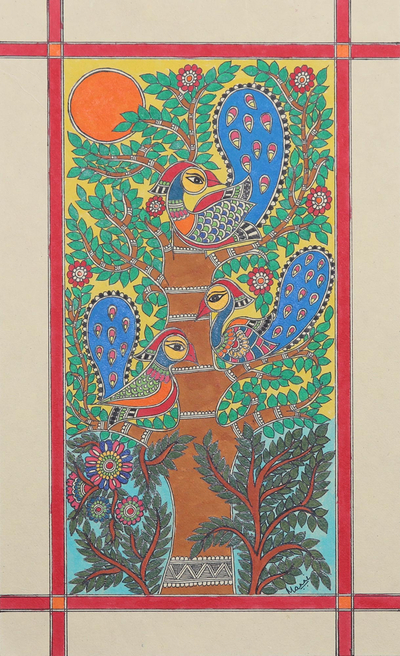 Bird and Tree-Themed Madhubani Painting from India