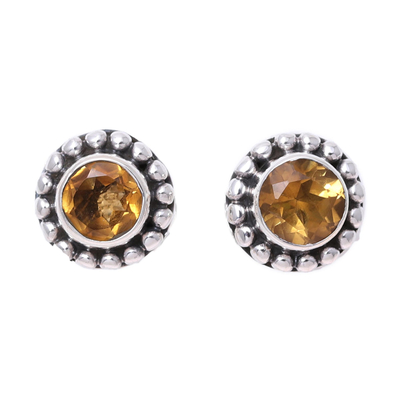 Round Citrine and Sterling Silver Dot Motif Stud Earrings