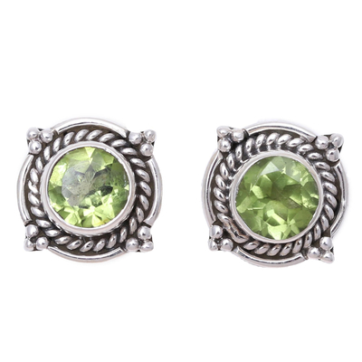 Round Peridot and Sterling Silver Rope Motif Button Earrings