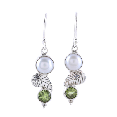 Cultured Pearl Peridot Sterling Silver Leaf Dangle Earrings