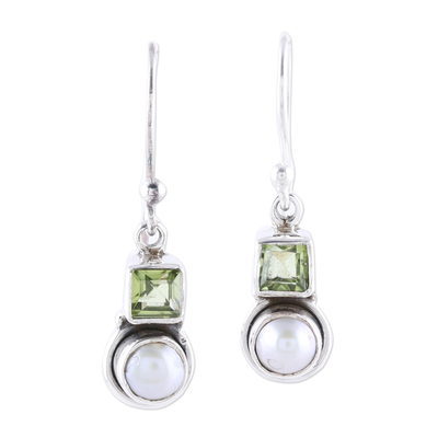 Cultured Pearl and Peridot Sterling Silver Dangle Earrings