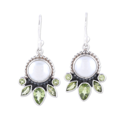 Cultured Pearl and Peridot Sterling Silver Dangle Earrings