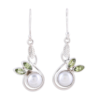Cultured Pearl and Faceted Peridot Dangle Earrings