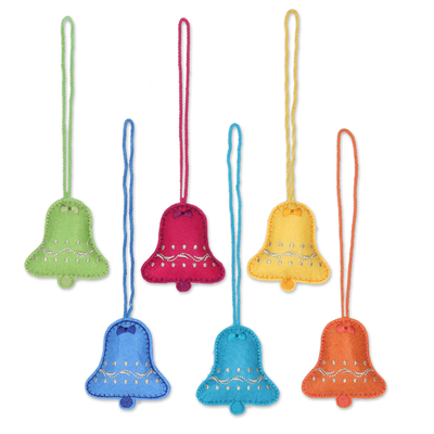 Assorted Wool Felt Bell Ornaments from India (Set of 6)
