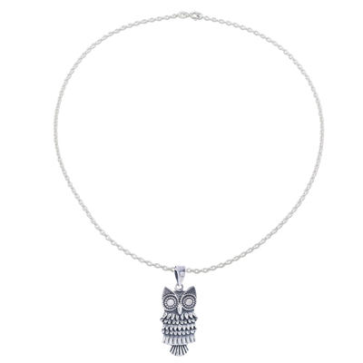 Combination Finish Sterling Silver Owl Pendant Necklace