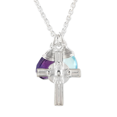Amethyst and Chalcedony Cross Pendant Necklace from India