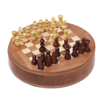 Handcrafted Round Acacia and Kadam Wood Chess Set from India