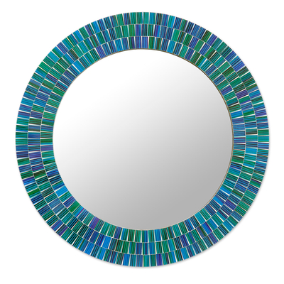 Green and Blue Glass Mosaic Wall Mirror Crafted in India