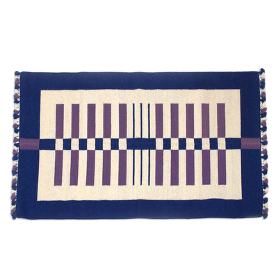 Blue and Lavender Stripes on Ivory Wool Area Rug (3x5)