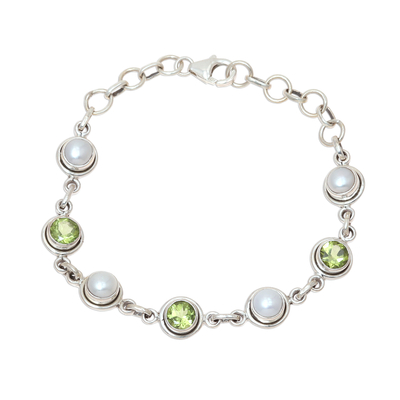 Peridot and Cultured Pearl Link Bracelet from India