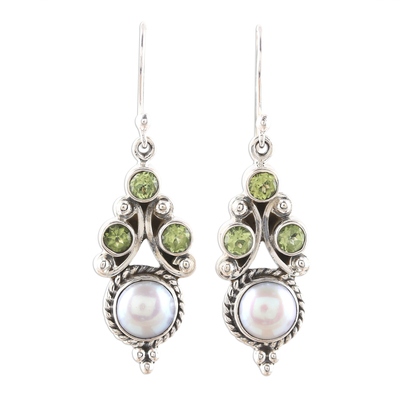 Peridot and Cultured Pearl Dangle Earrings from India