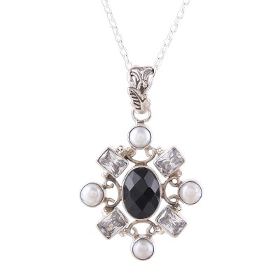 Black Onyx and Cultured Pearl Pendant Necklace from India