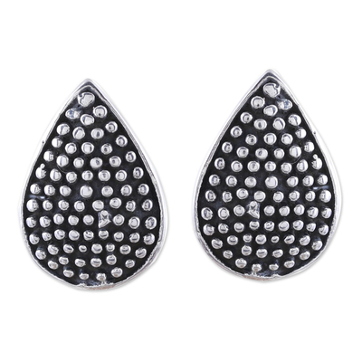 Drop-Shaped Sterling Silver Button Earrings from India