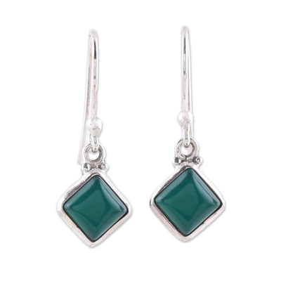 Square Green Onyx Dangle Earrings from India