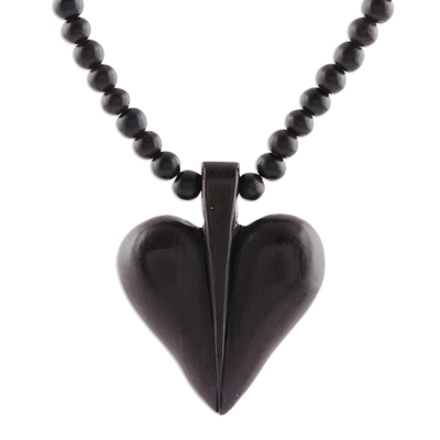 Heart-Shaped Ebony Wood Beaded Pendant Necklace