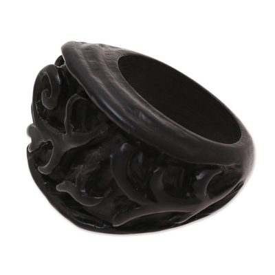 Vine Pattern Ebony Wood Band Ring Crafted in India