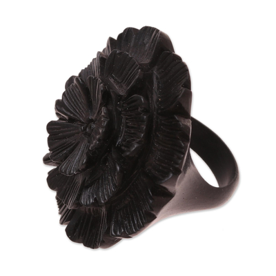 Floral Ebony Wood Cocktail Ring Crafted in India