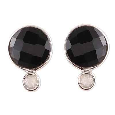 Onyx and Rainbow Moonstone Button Earrings from India