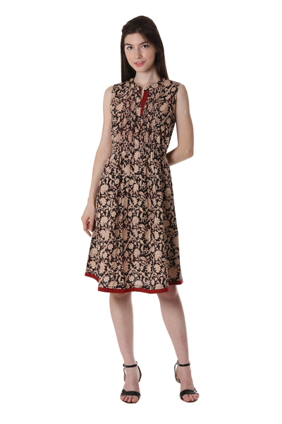 Floral Printed Cotton A-Line Dress in Ivory and Black
