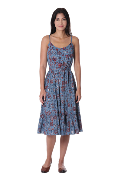 Floral Printed Cotton Sundress in Cerulean from India
